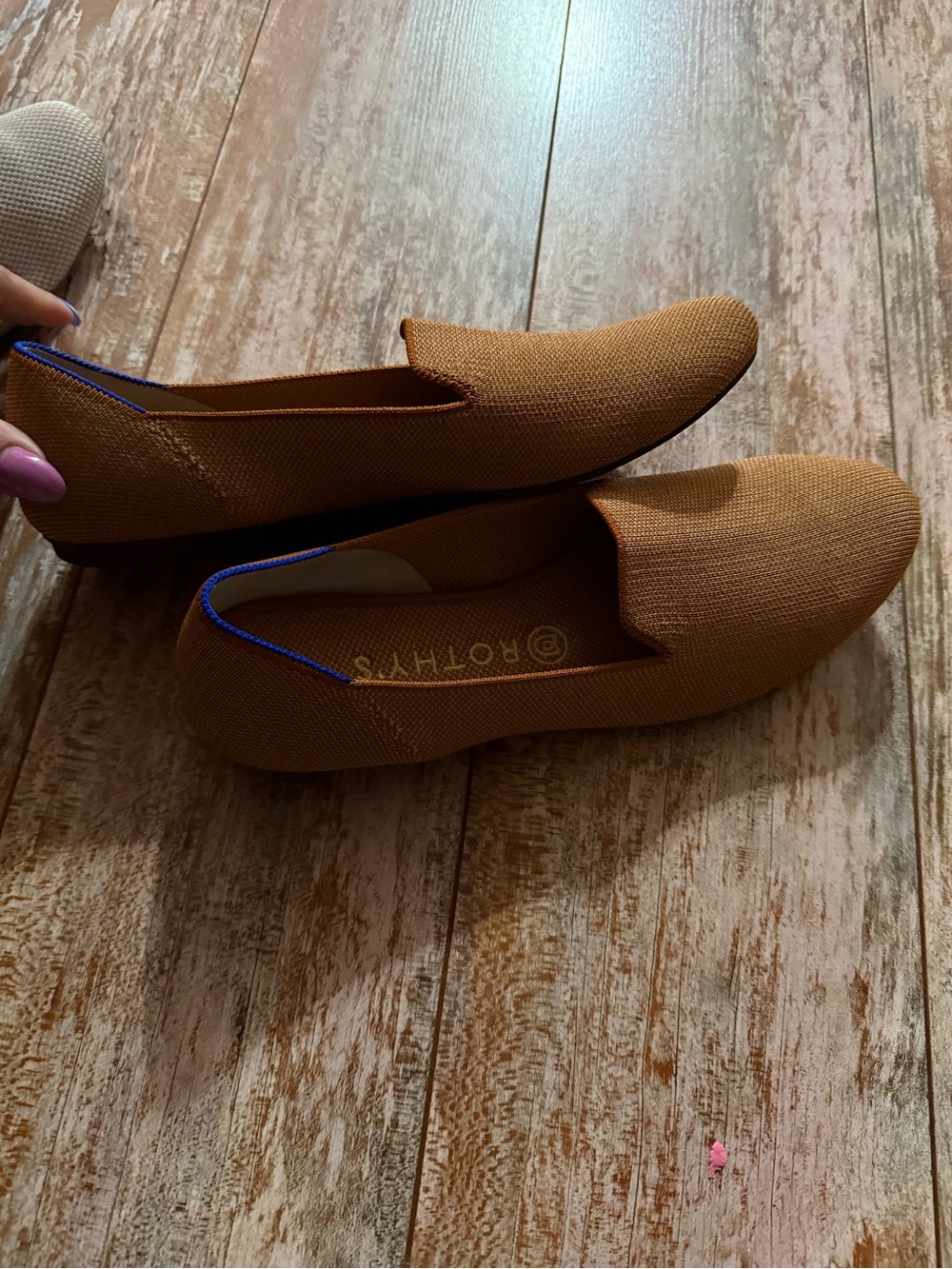 Rothy's Women's Tan-Brown Slip-On Loafers with Blue Trim